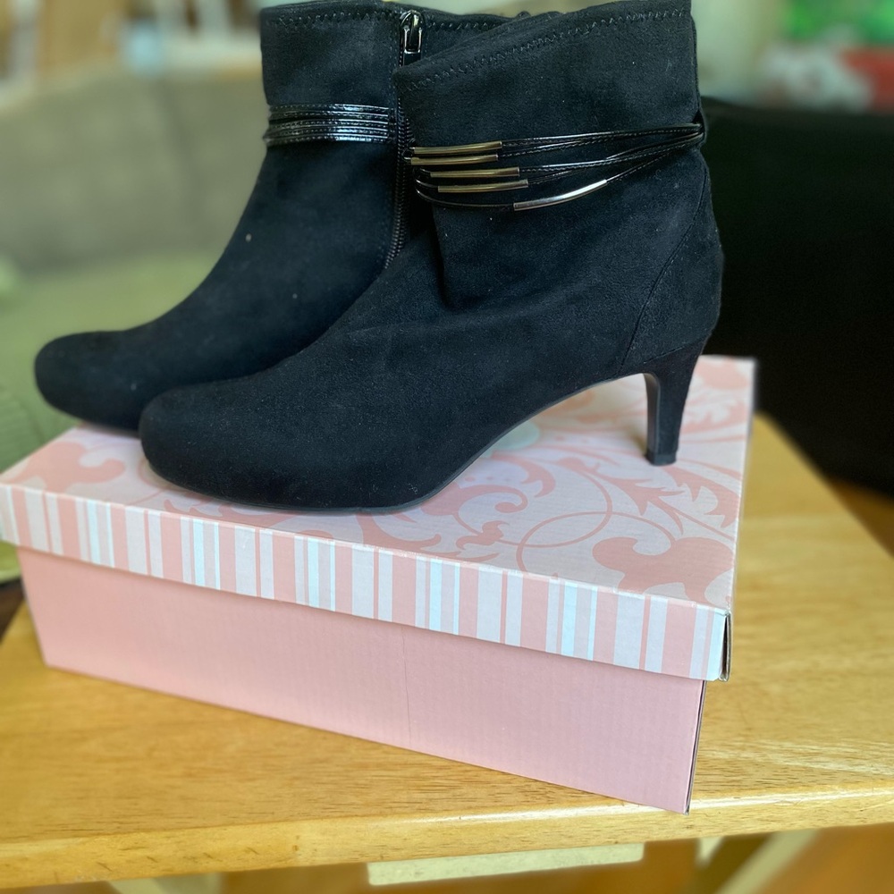 dressbarn Black Heeled Boots with Strap Detail